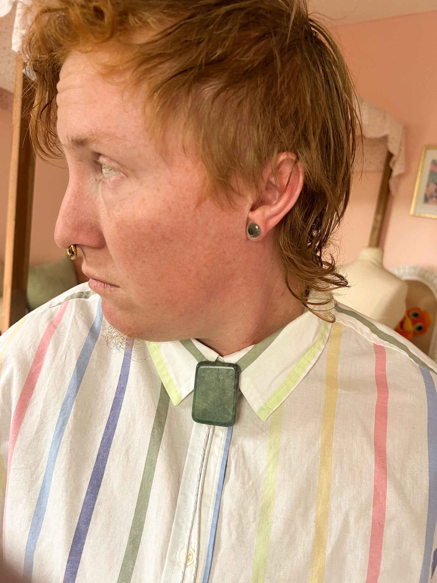 Jade Bolo Tie With White Leather Cord and Silver Tone Tips