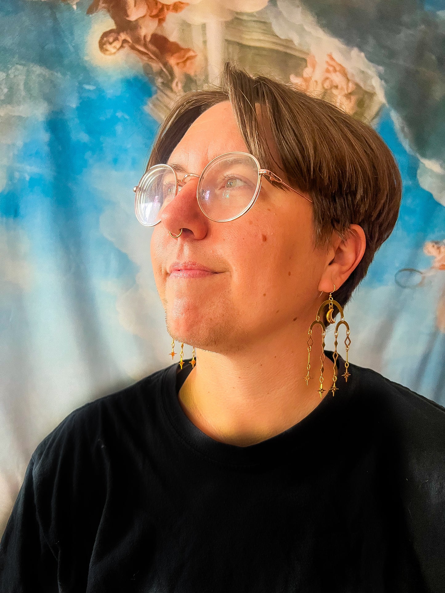 Brass Moon Star and Diamond Cutout Earrings