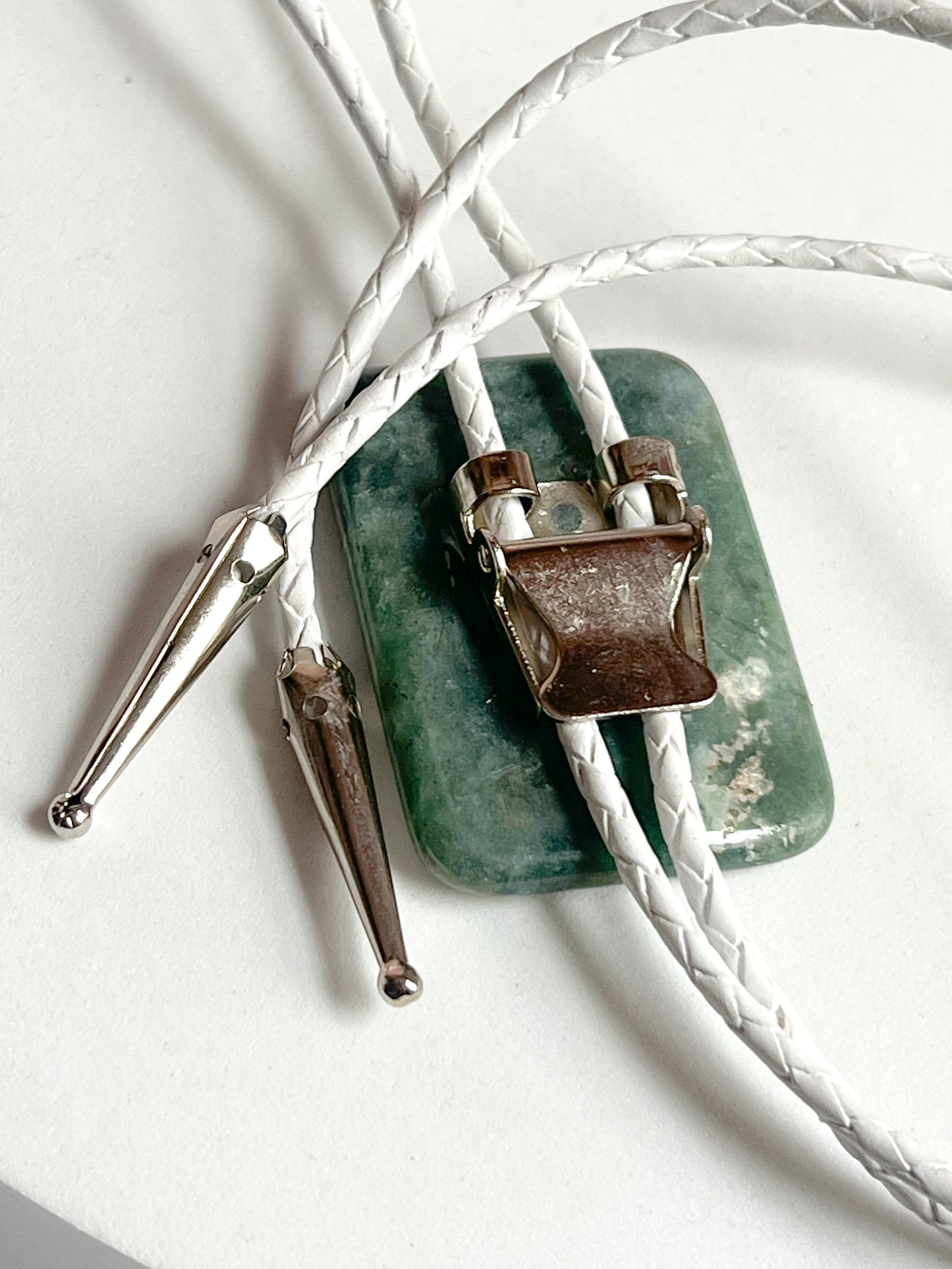 Jade Bolo Tie With White Leather Cord and Silver Tone Tips