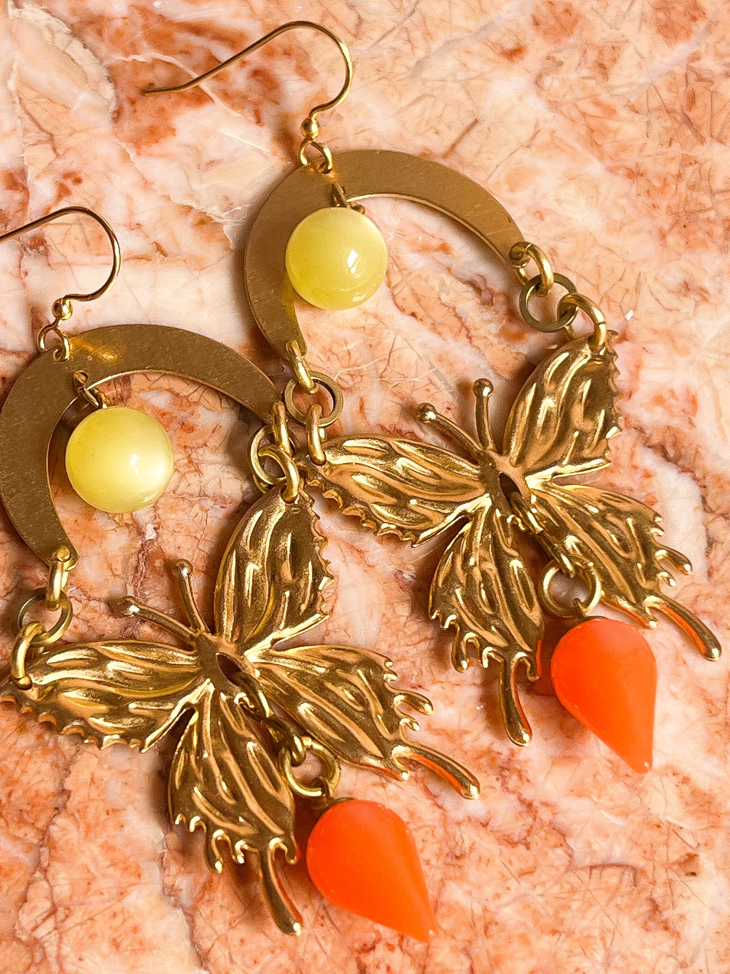 Brass and Deadstock Neon Yellow and Orange Moonglow Lucite Bauble Earrings with Abstract Butterflies