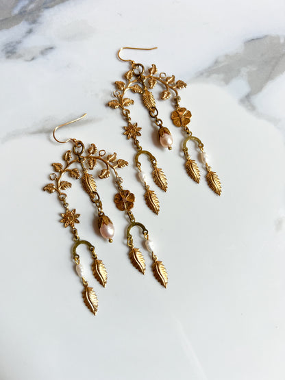 Antique and Vintage  Brass Garden Collage Flower and Leaf Earrings With Bead Capped Peach Pearls and freshwater rice pearls