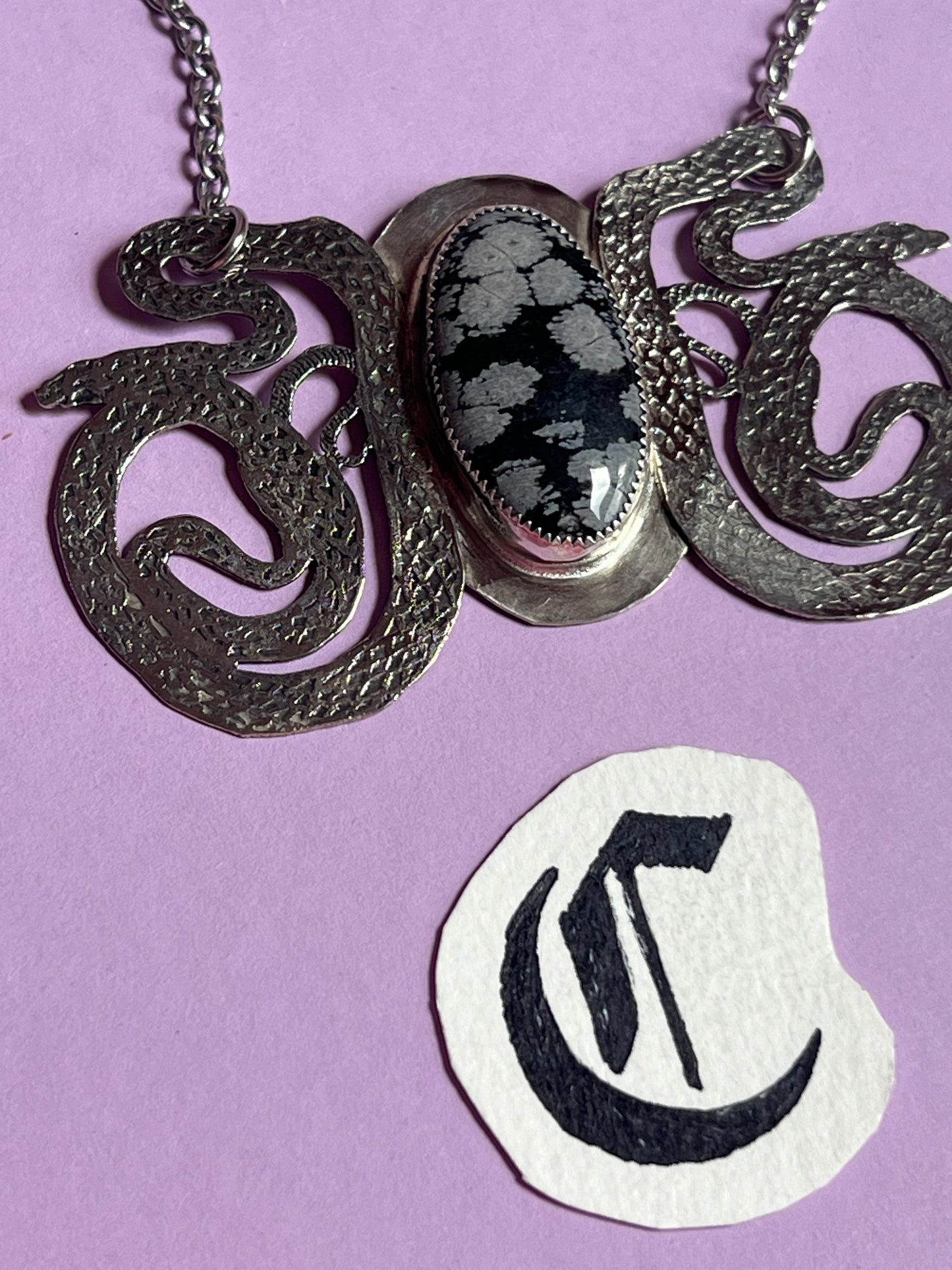 Etched Silver Snake Chestplate with Snowflake Obsidian