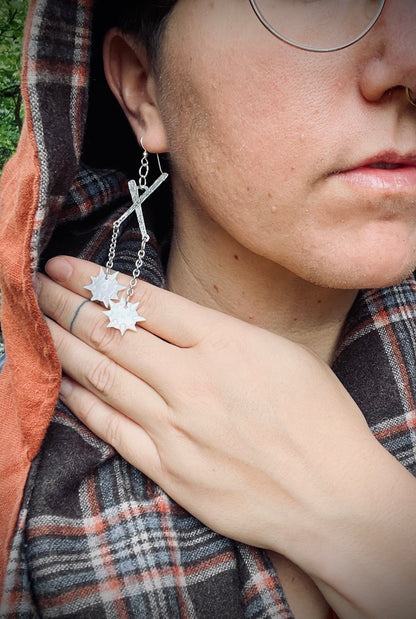 Etched Silver Crossed Flail Earrings with Hand-Carved Mother of Pearl Morning Stars