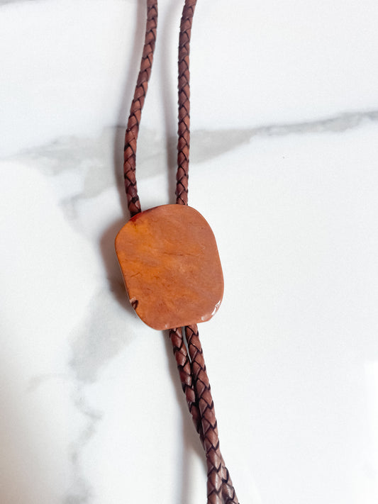 Warm Tan Mookaite Jasper Bolo Tie with Brown Braided Leather Cord with Silver Tone Tips