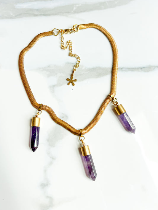 Vintage Brass Snake Chain Necklace with Triple Amethyst Points