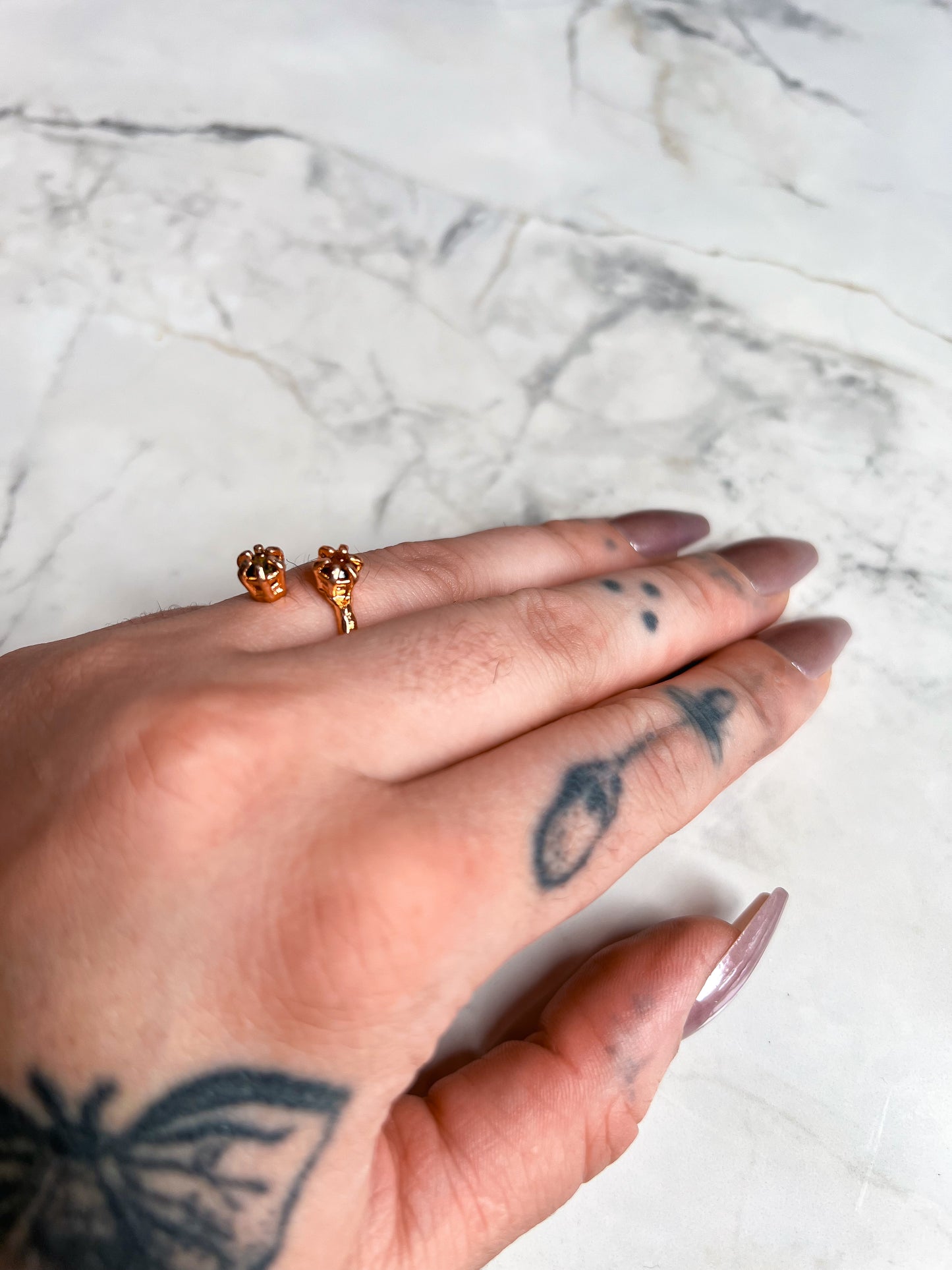 Rose Gold Plated Hammered Brass Open Ring with Rose Quartz and Ruby