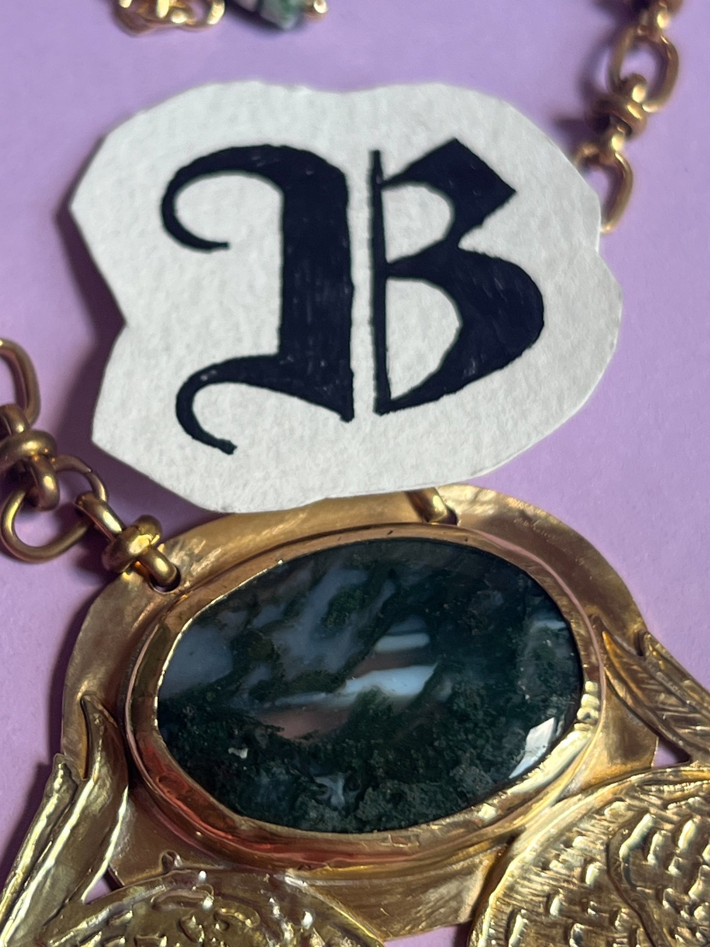 Etched Brass Twin Rabbit and Moss Agate Chestplate with vintage deadstock chain