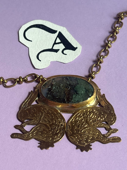 Etched Brass Twin Rabbit and Moss Agate Chestplate with vintage deadstock chain