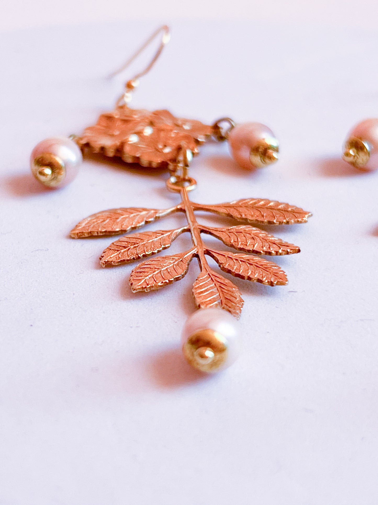 Antique Brass Flower and Leaf Earrings With Bead Capped Peach or Pink Pearls