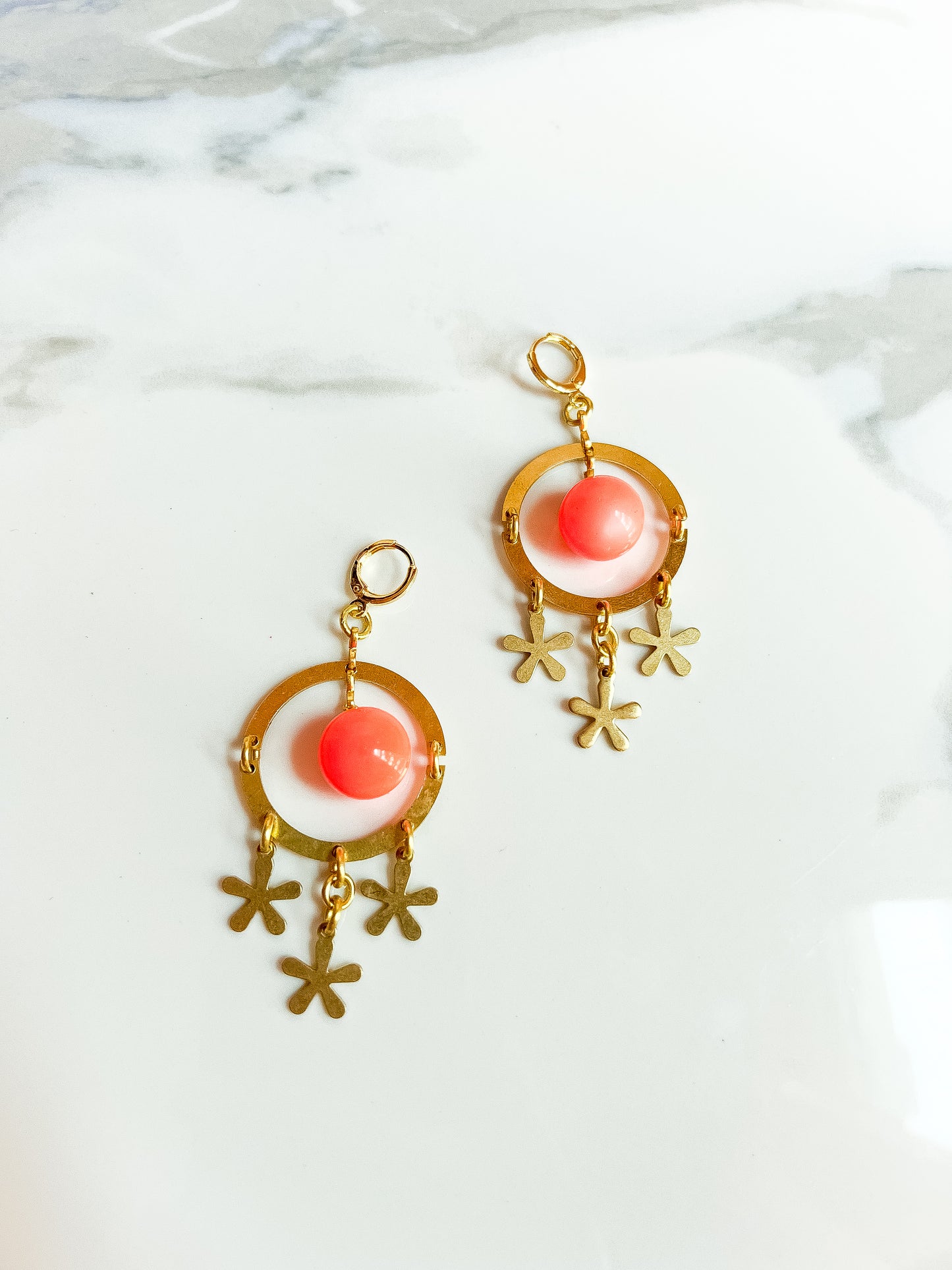 Brass and Deadstock Neon Orange Moonglow Lucite Bauble Earrings with Flower Fringe