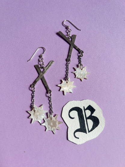 Etched Silver Crossed Flail Earrings with Hand-Carved Mother of Pearl Morning Stars