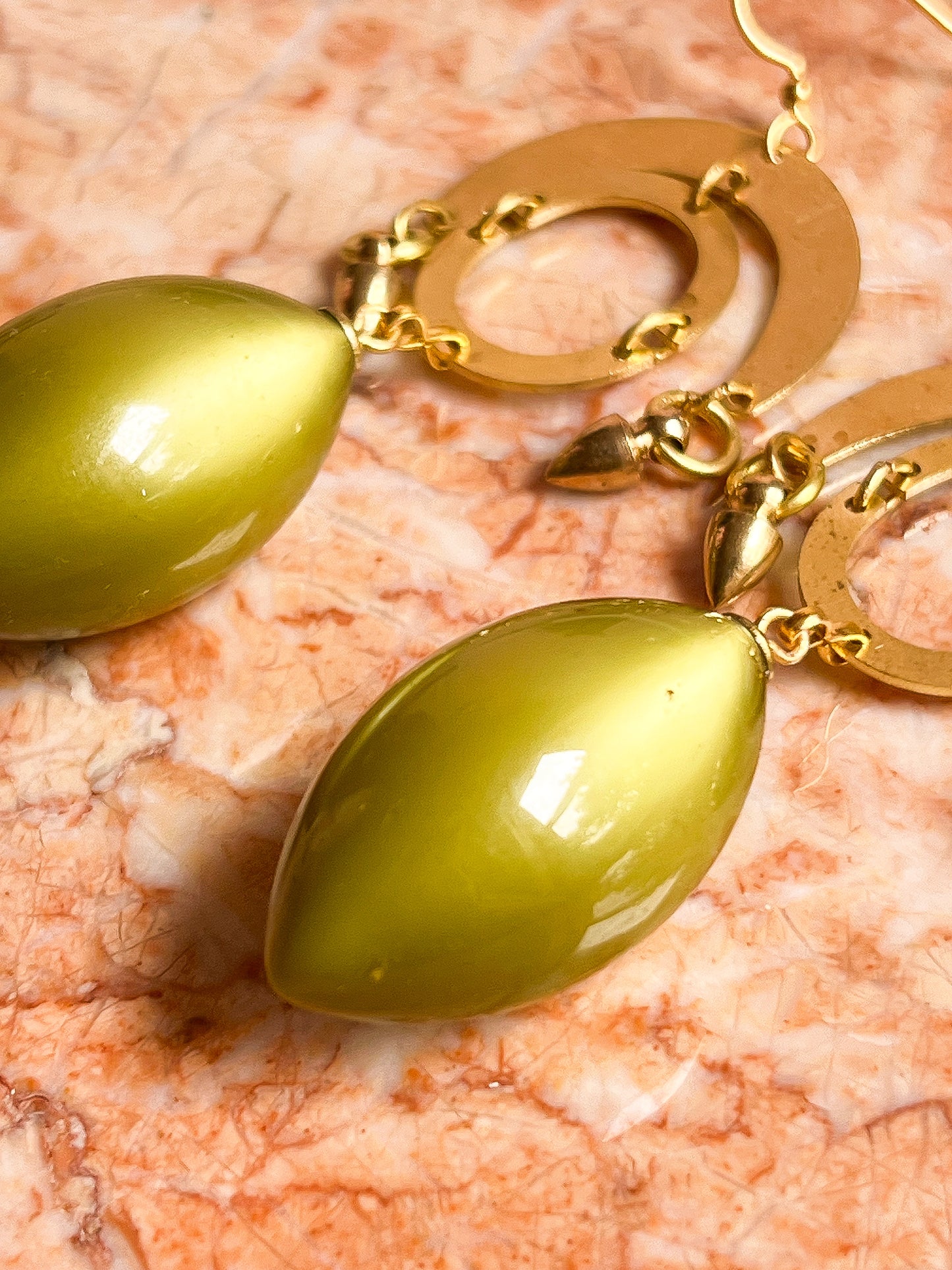 Brass and Deadstock Olive Green Moonglow Lucite Bauble Earrings