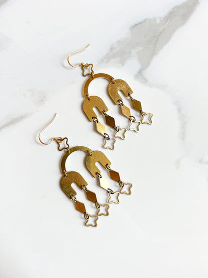 Brass Diamond and Star Cutout Chandelier Collage Earrings