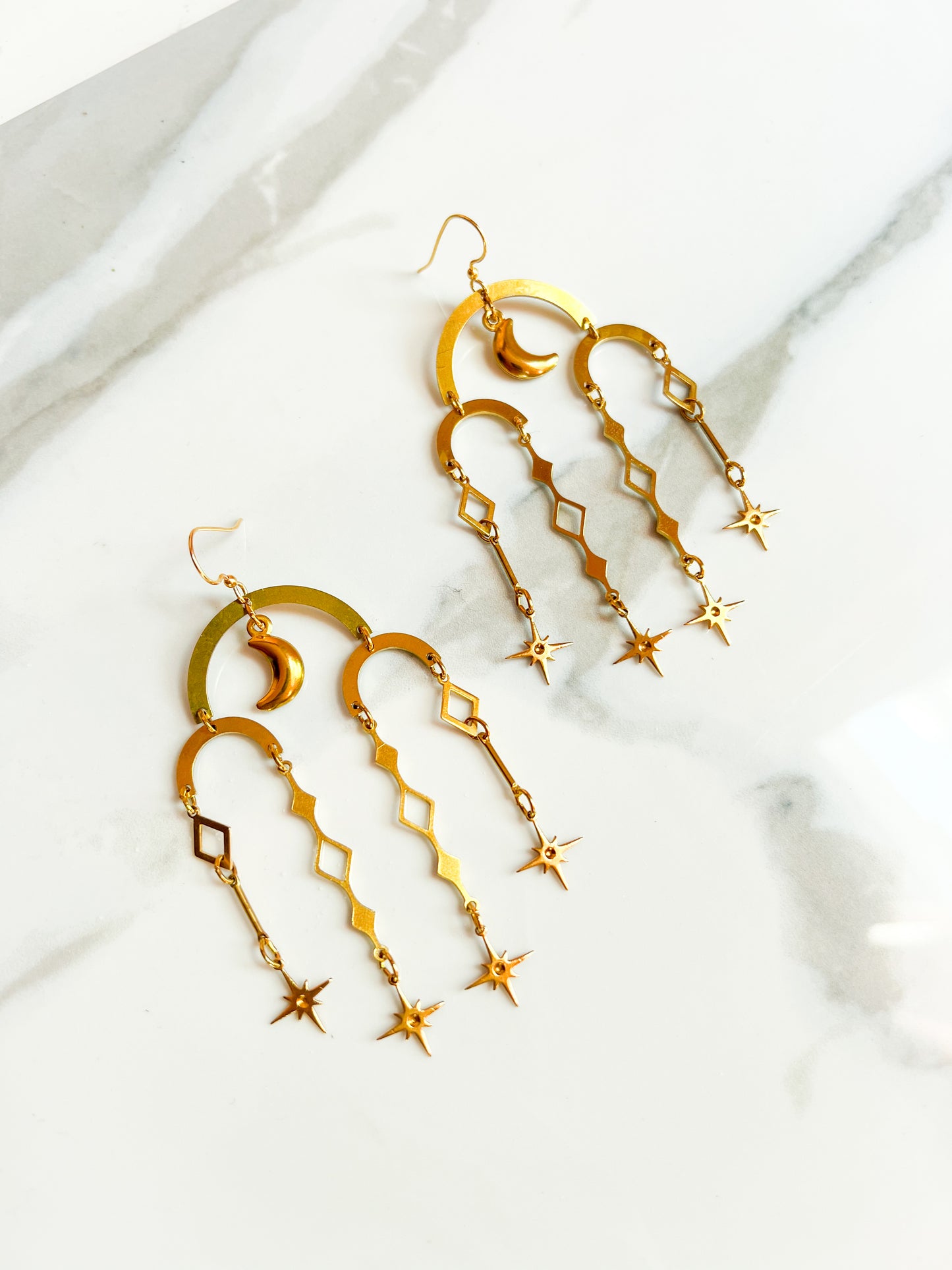 Brass Moon Star and Diamond Cutout Earrings