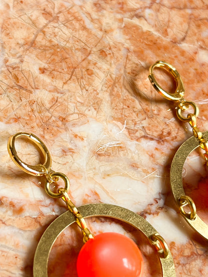 Brass and Deadstock Neon Orange Moonglow Lucite Bauble Earrings with Flower Fringe