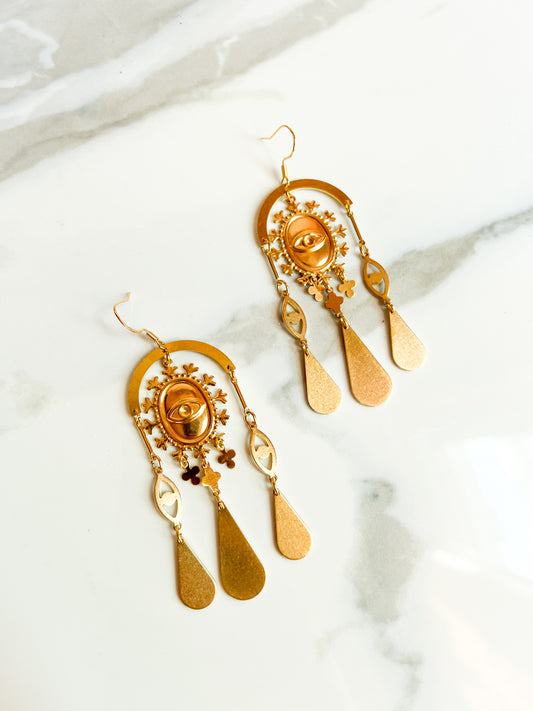 Eye Medallion Fringe Tear Earrings