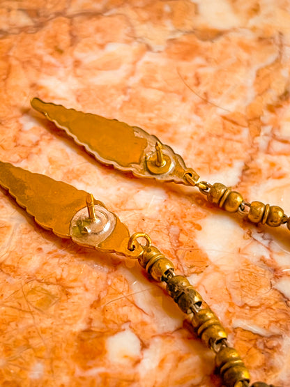 Antique Brass Leaf Collar Pins With peach and mauve pearls and Vintage Chain