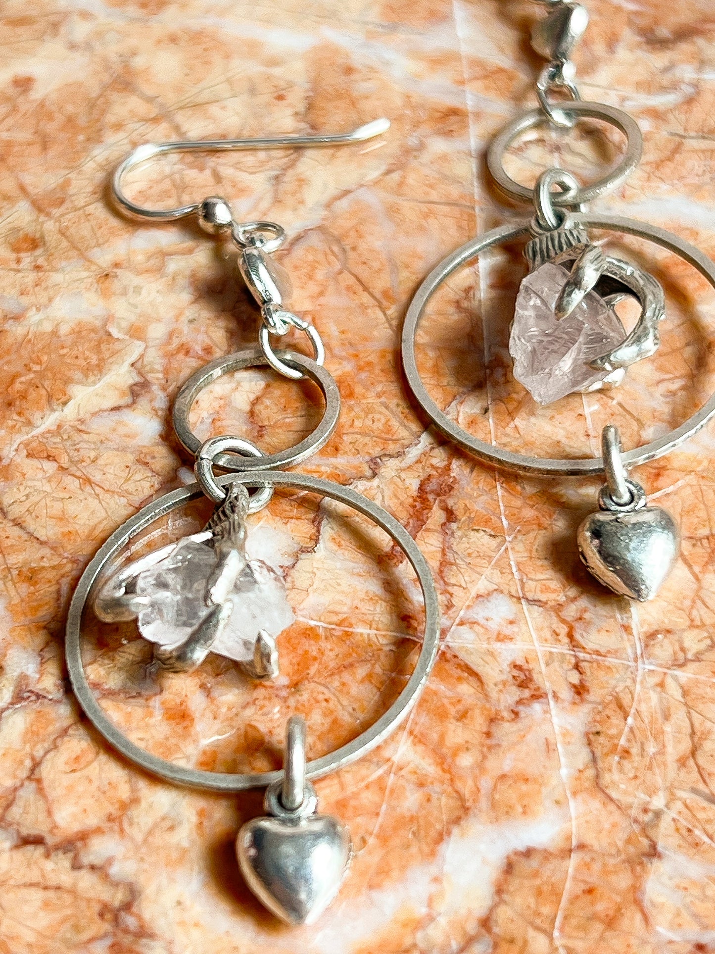 Silver Plated Brass Claw Clasped Rose Quartz Earrings With Vintage Pewter Hearts and Sterling Ear Hooks