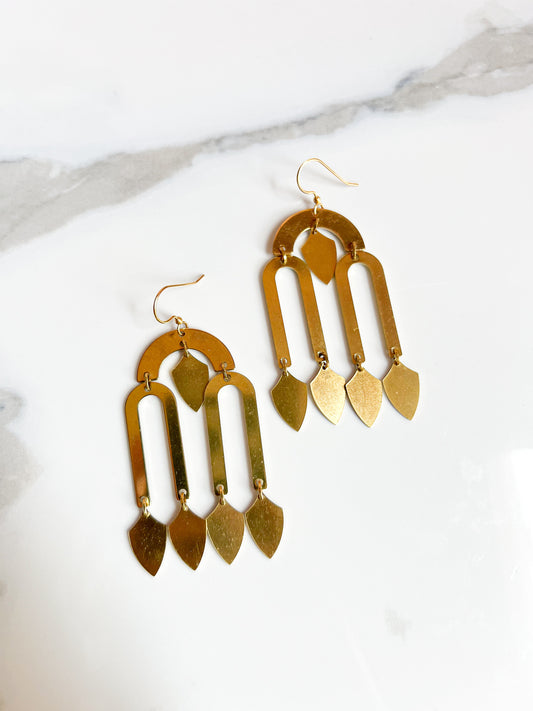 Brass Fringe Chandelier Shield Earrings