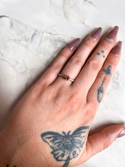 Silver Plated Hammered Brass Open Ring with Ruby