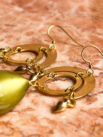 Brass and Deadstock Olive Green Moonglow Lucite Bauble Earrings