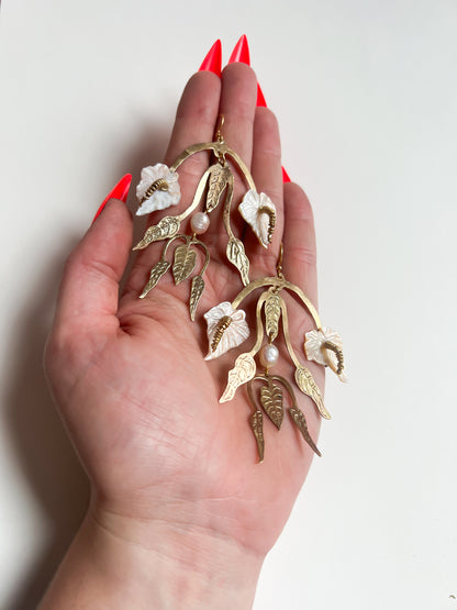 Etched Brass Anthurium Flower Earrings with Hand-Carved Mother of Pearl Flowers