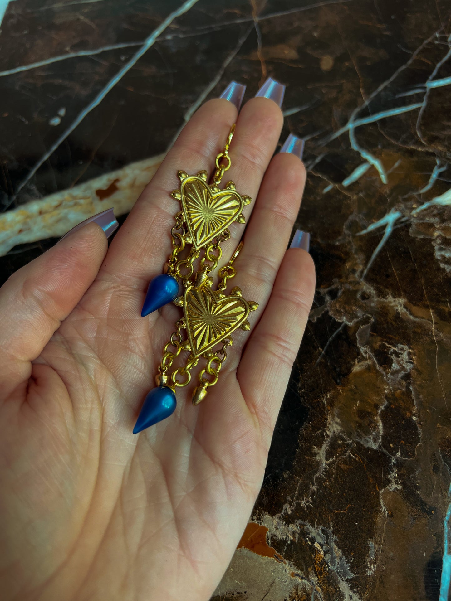 Brass and Deadstock Royal Blue Moonglow Lucite Bauble Earrings with Hearts and Spikes