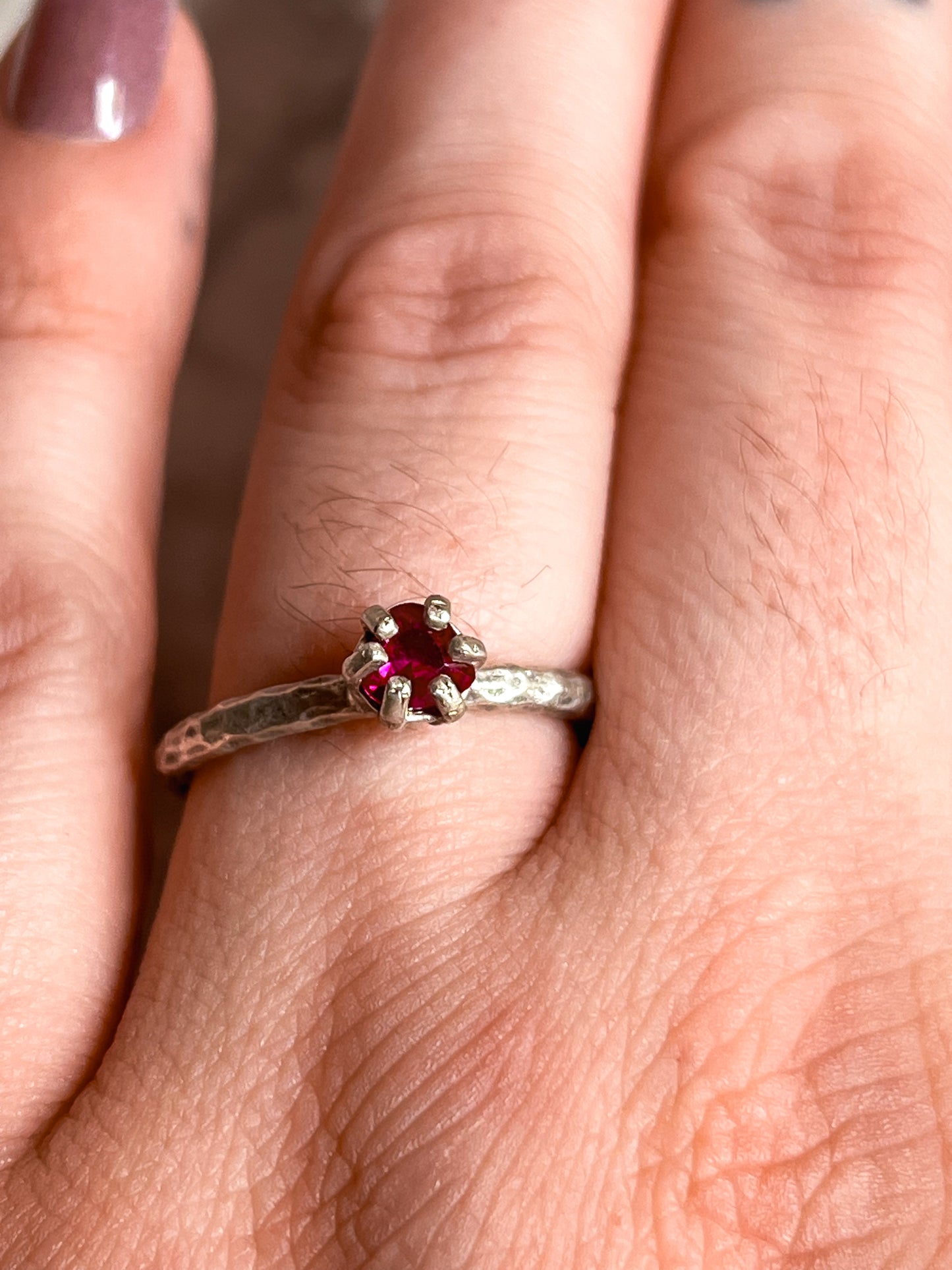 Silver Plated Hammered Brass Open Ring with Ruby