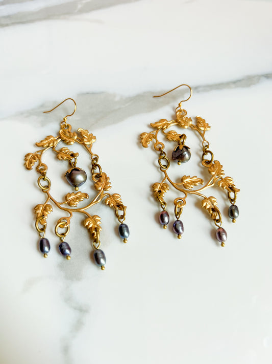 Antique Brass Leaf Earrings With Bead Capped Black Pearls and Pearl Fringe