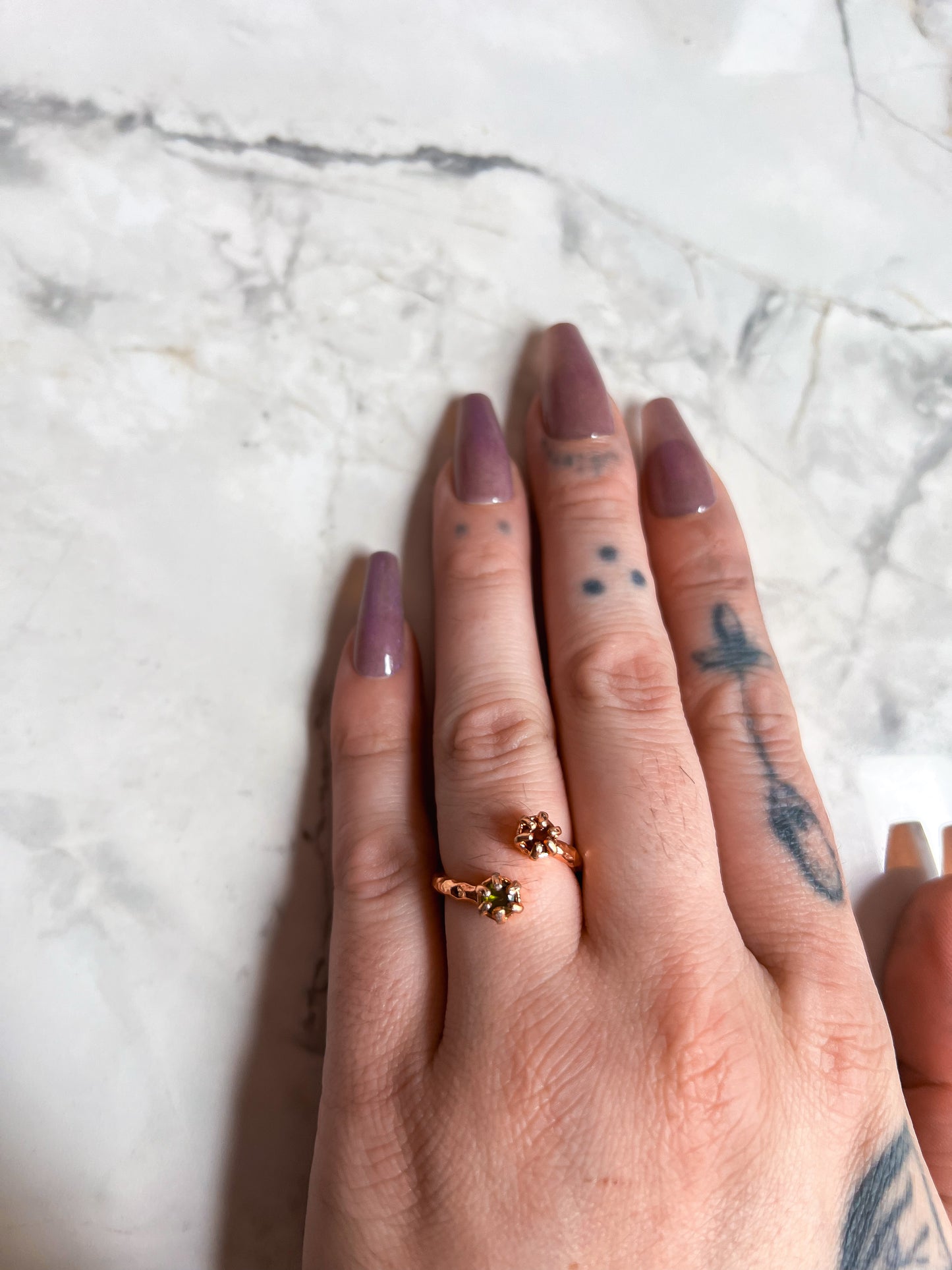 Rose Gold Plated Hammered Brass Open Ring with Peridot and Carnelian