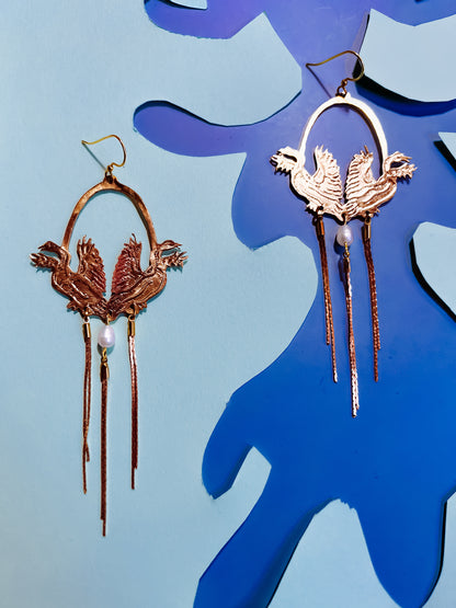 Etched Brass Swan Earrings with Pearl and Fringe snake chain