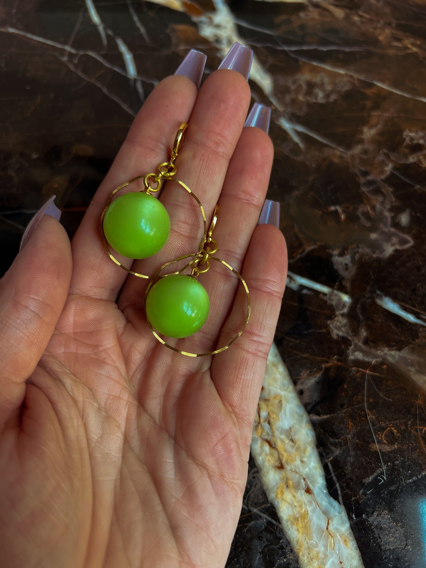 Brass and Deadstock 40's Moonglow Lime Green Lucite Bauble Earrings