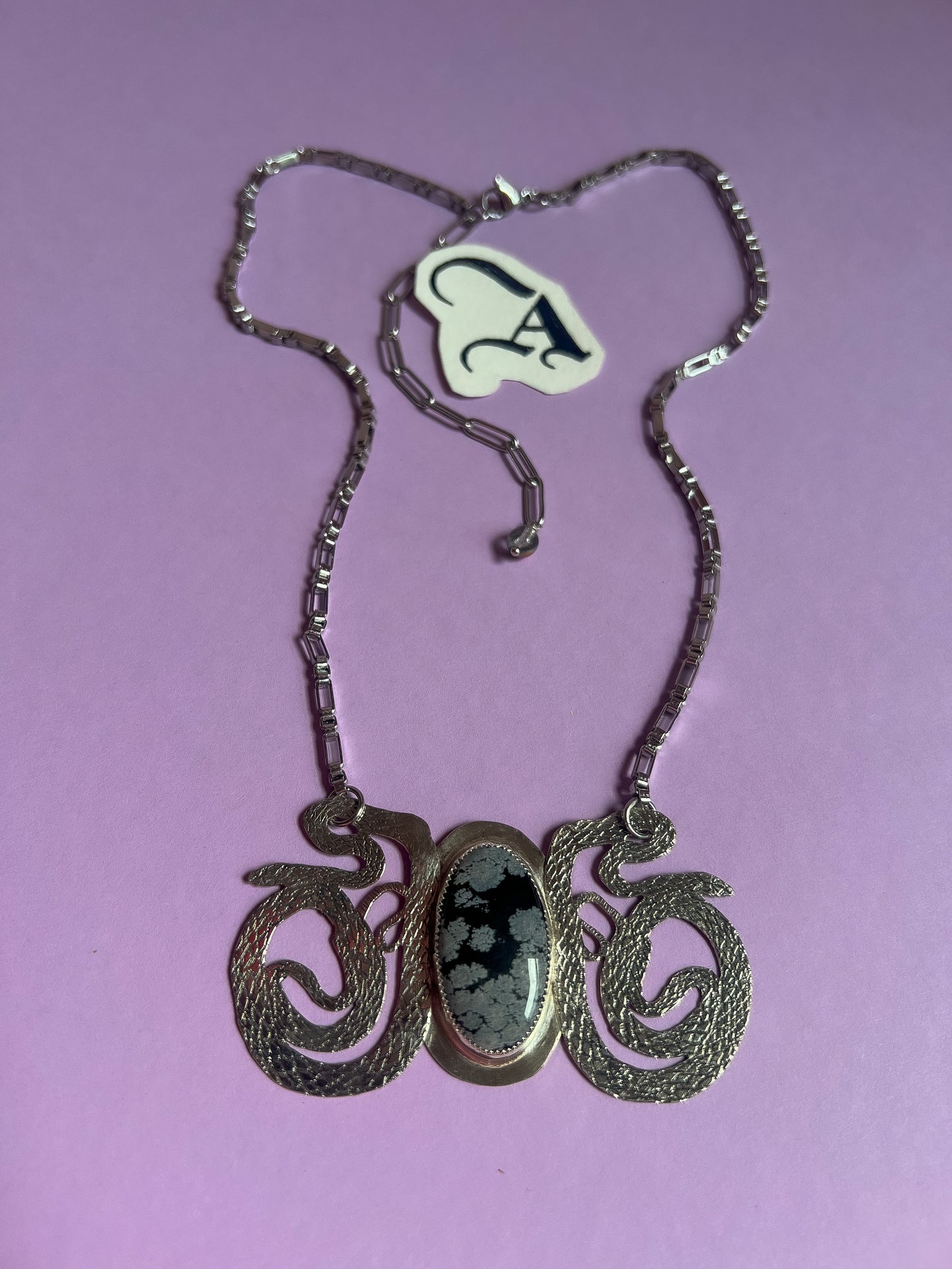 Etched Silver Snake Chestplate with Snowflake Obsidian