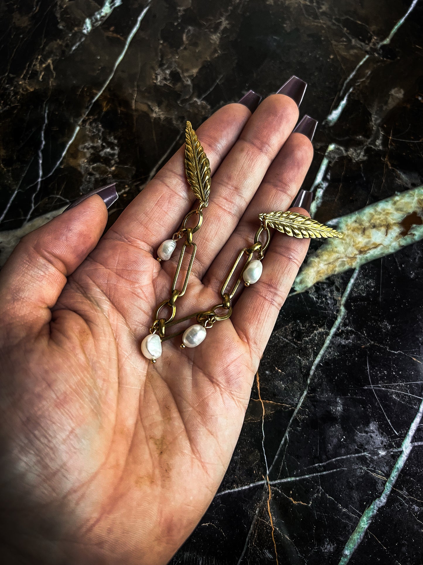 Antique Brass Leaf Collar Pins With Pearls and Vintage Chain