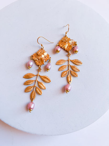 Antique Brass Flower and Leaf Earrings With Bead Capped Peach or Pink Pearls