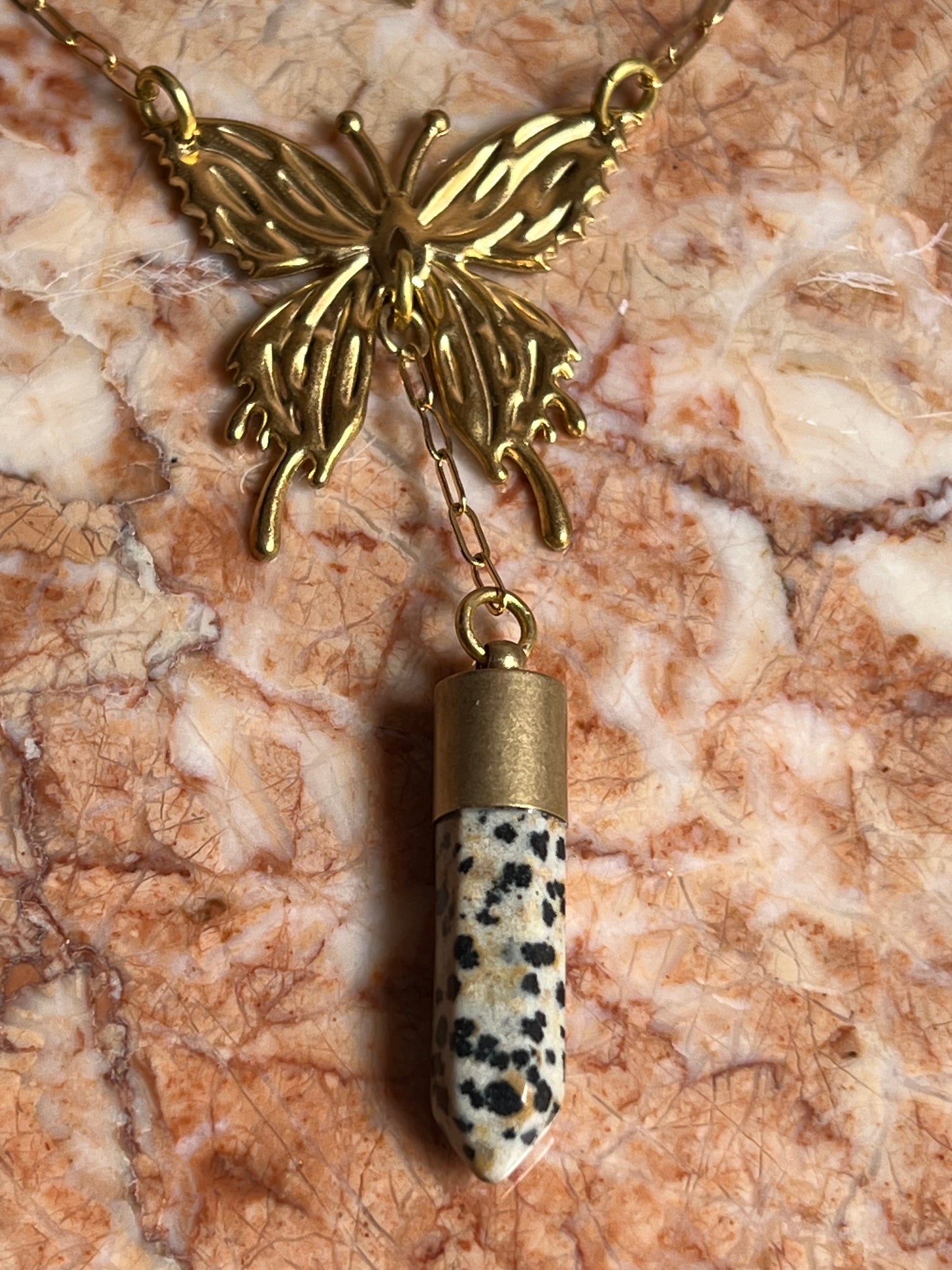 Brass Abstract Butterfly Necklace with Dalmatian Jasper Point