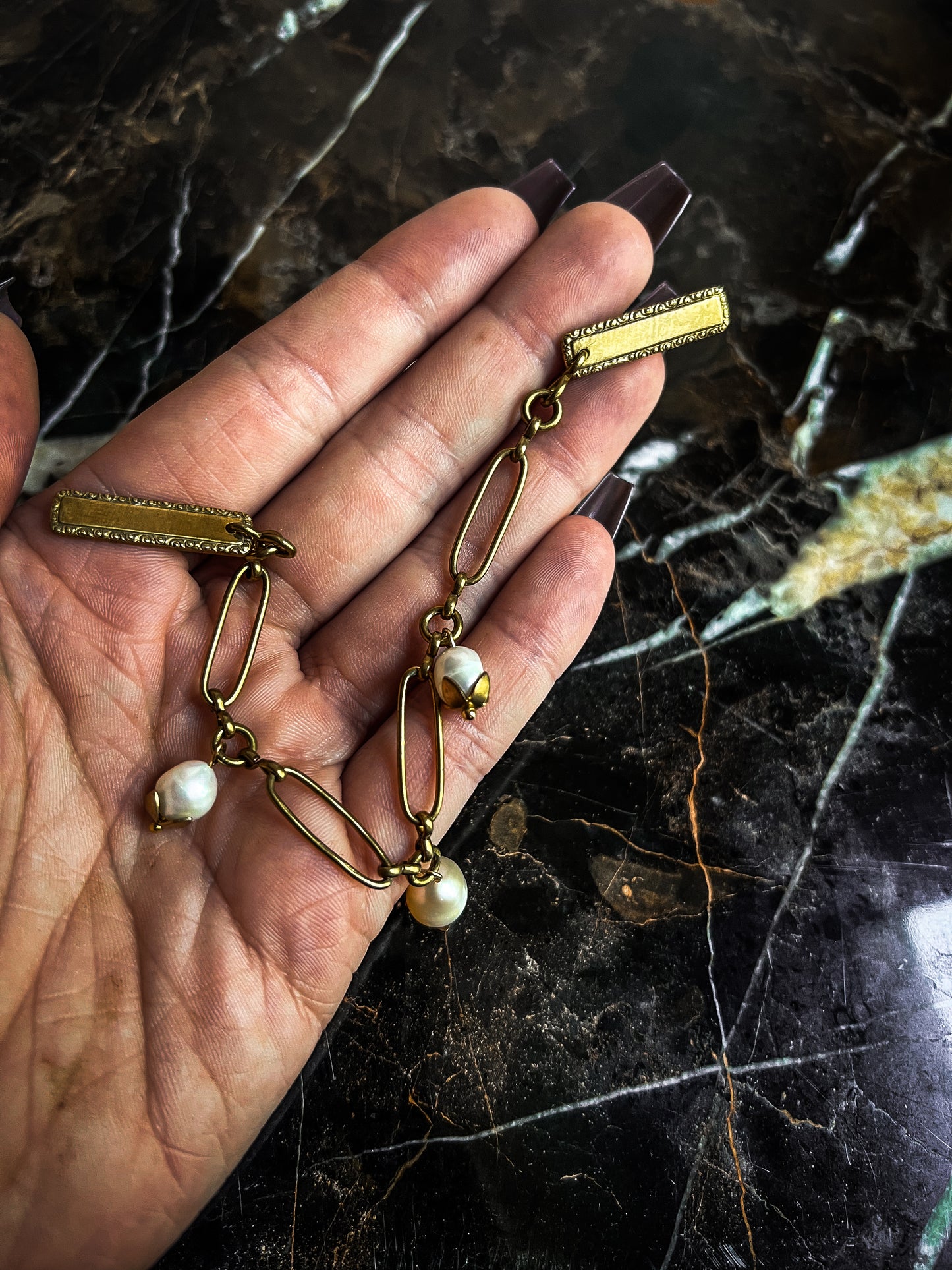 Antique Brass bar Collar Pins With flower capped ivory pearls and Vintage Chain