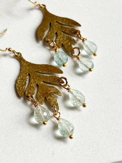 Mugwart Leaf Cutout With Carved Aquamarine Rain Drops