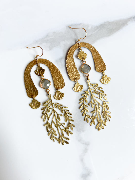 Hammered Texture Vine and Shell Chandelier Earrings with Flashy Labradorite