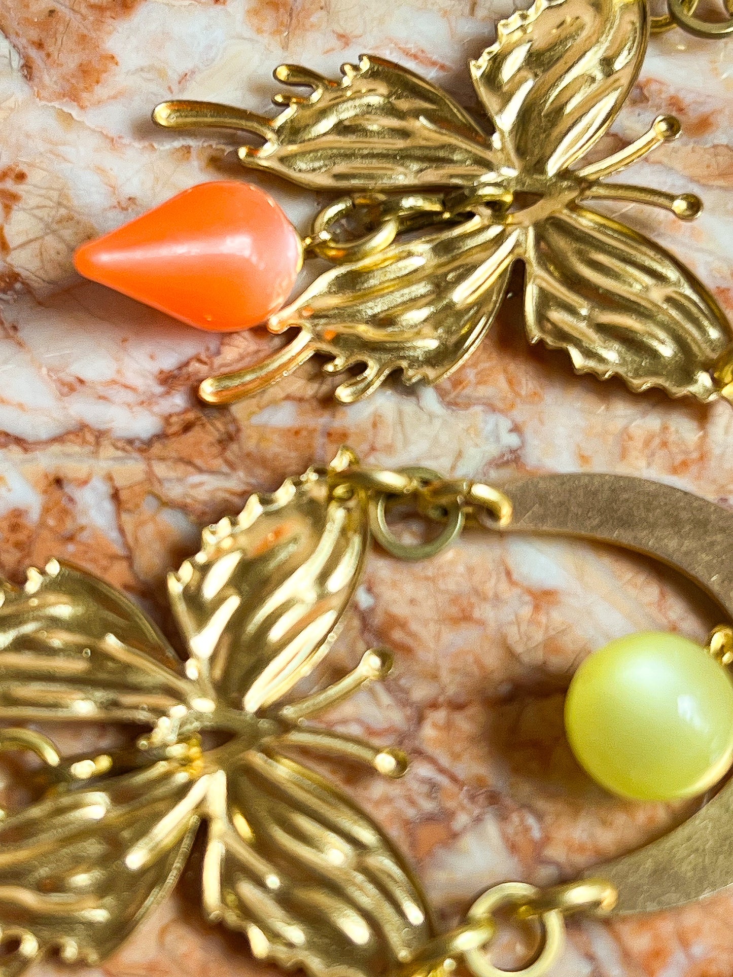 Brass and Deadstock Neon Yellow and Orange Moonglow Lucite Bauble Earrings with Abstract Butterflies