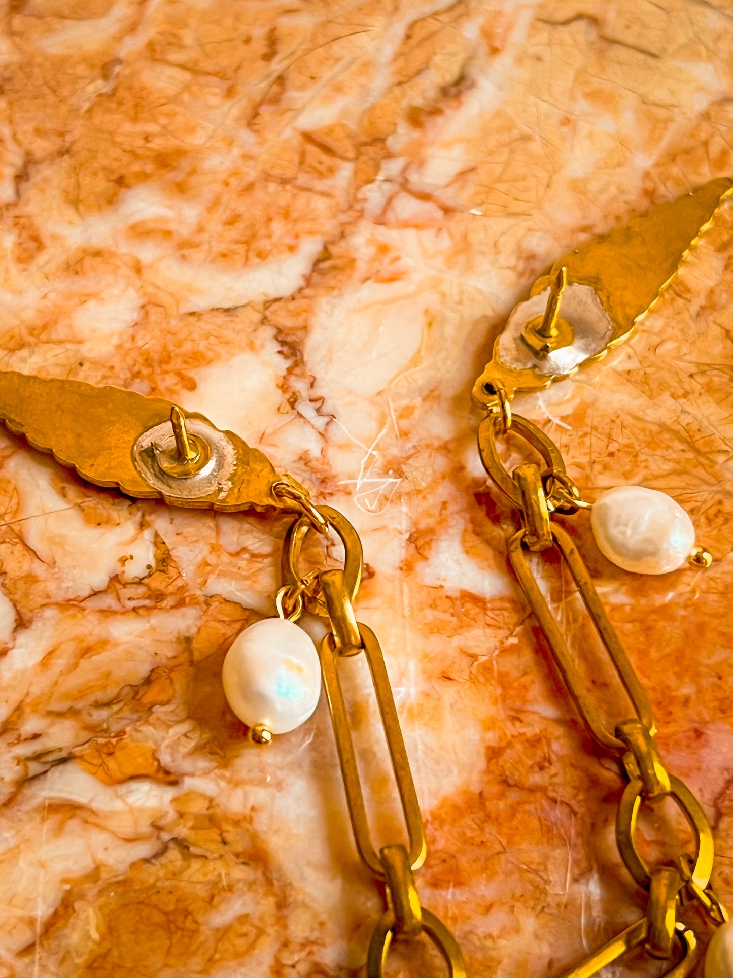 Antique Brass Leaf Collar Pins With Pearls and Vintage Chain