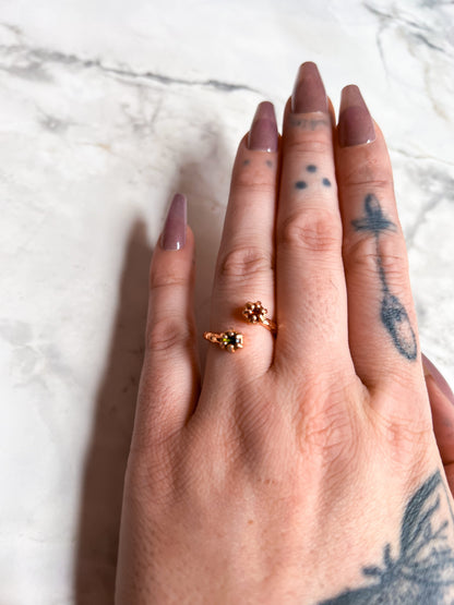 Rose Gold Plated Hammered Brass Open Ring with Peridot and Carnelian