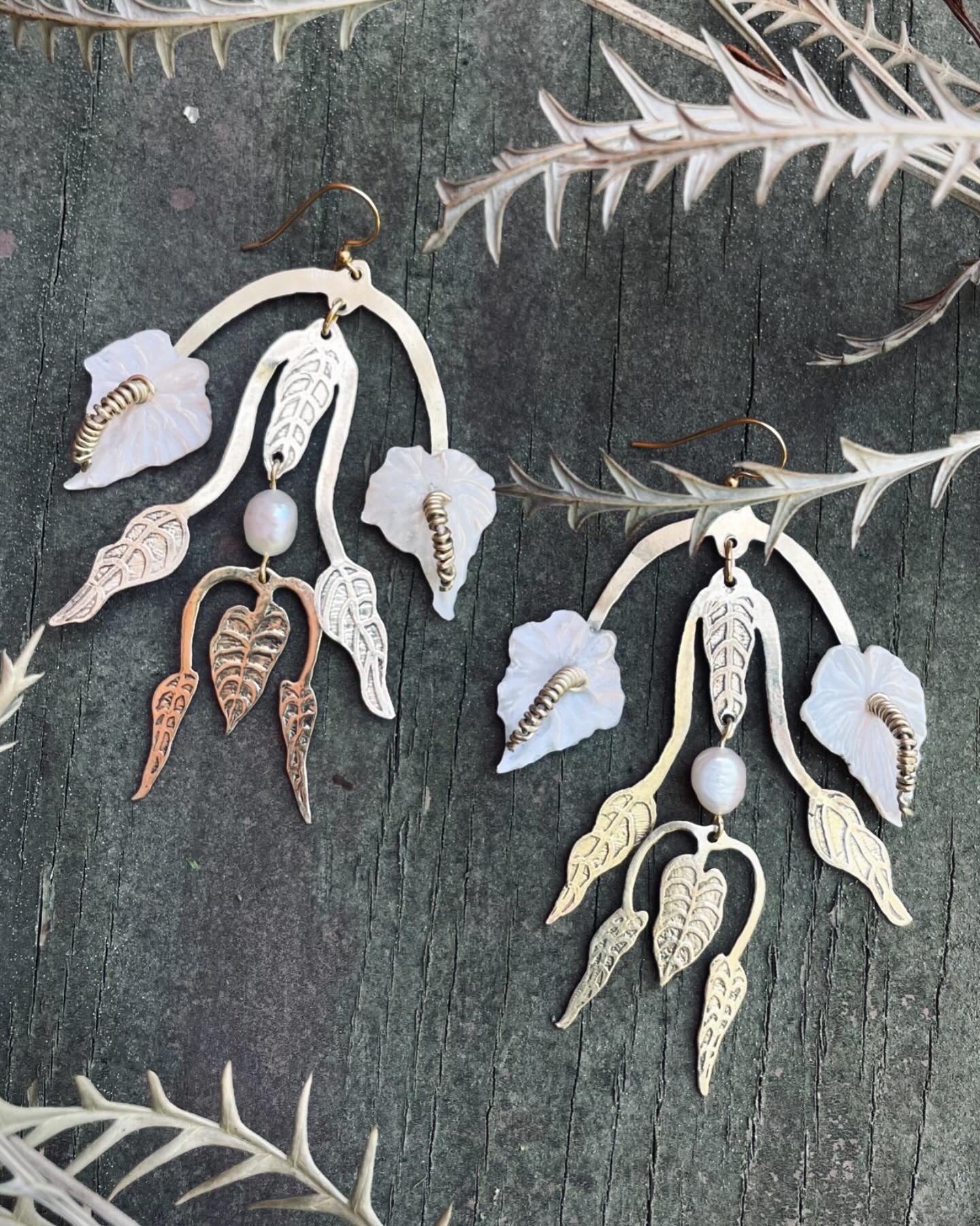 Etched Brass Anthurium Flower Earrings with Hand-Carved Mother of Pearl Flowers