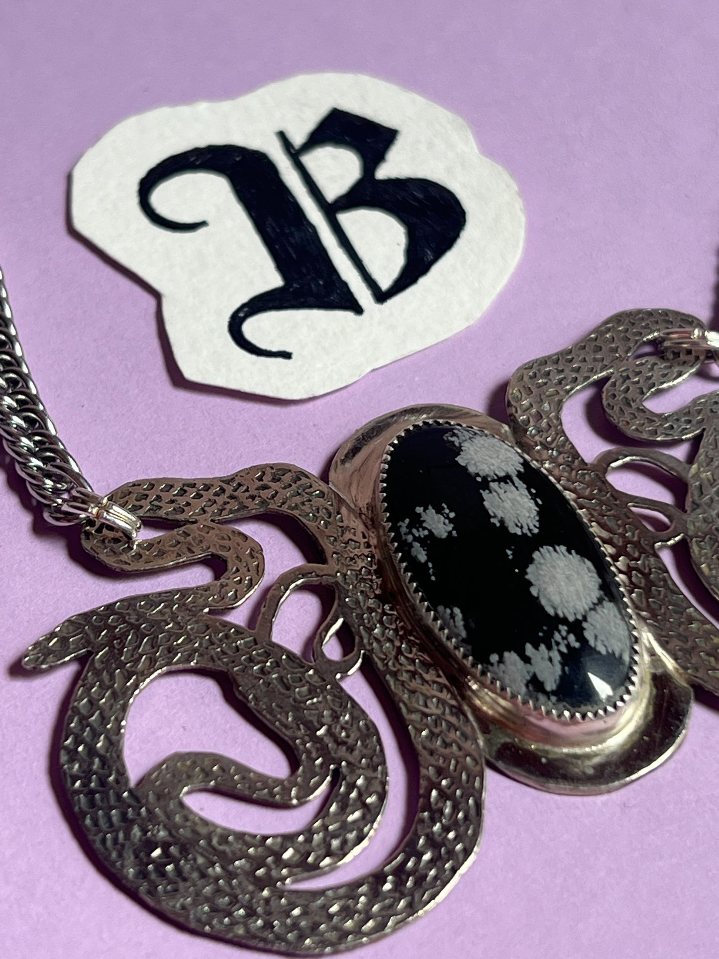 Etched Silver Snake Chestplate with Snowflake Obsidian