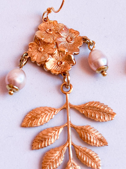 Antique Brass Flower and Leaf Earrings With Bead Capped Peach or Pink Pearls