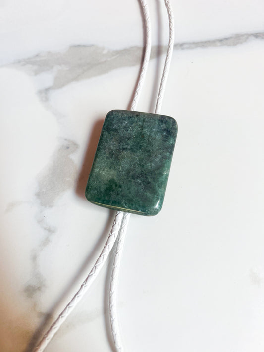 Jade Bolo Tie With White Leather Cord and Silver Tone Tips