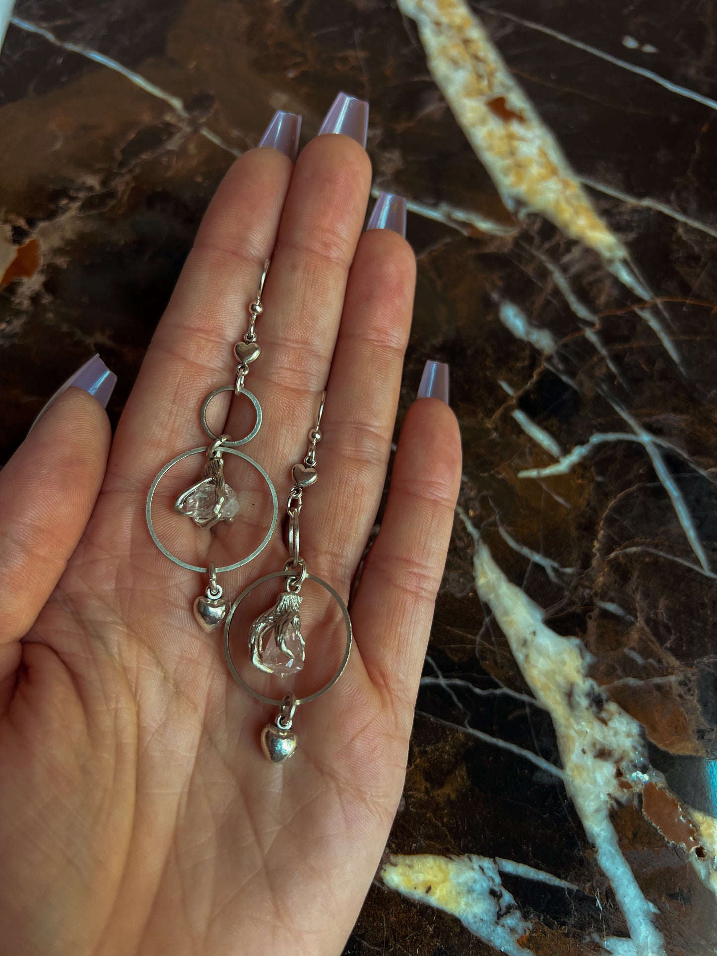 Silver Plated Brass Claw Clasped Rose Quartz Earrings With Vintage Pewter Hearts and Sterling Ear Hooks