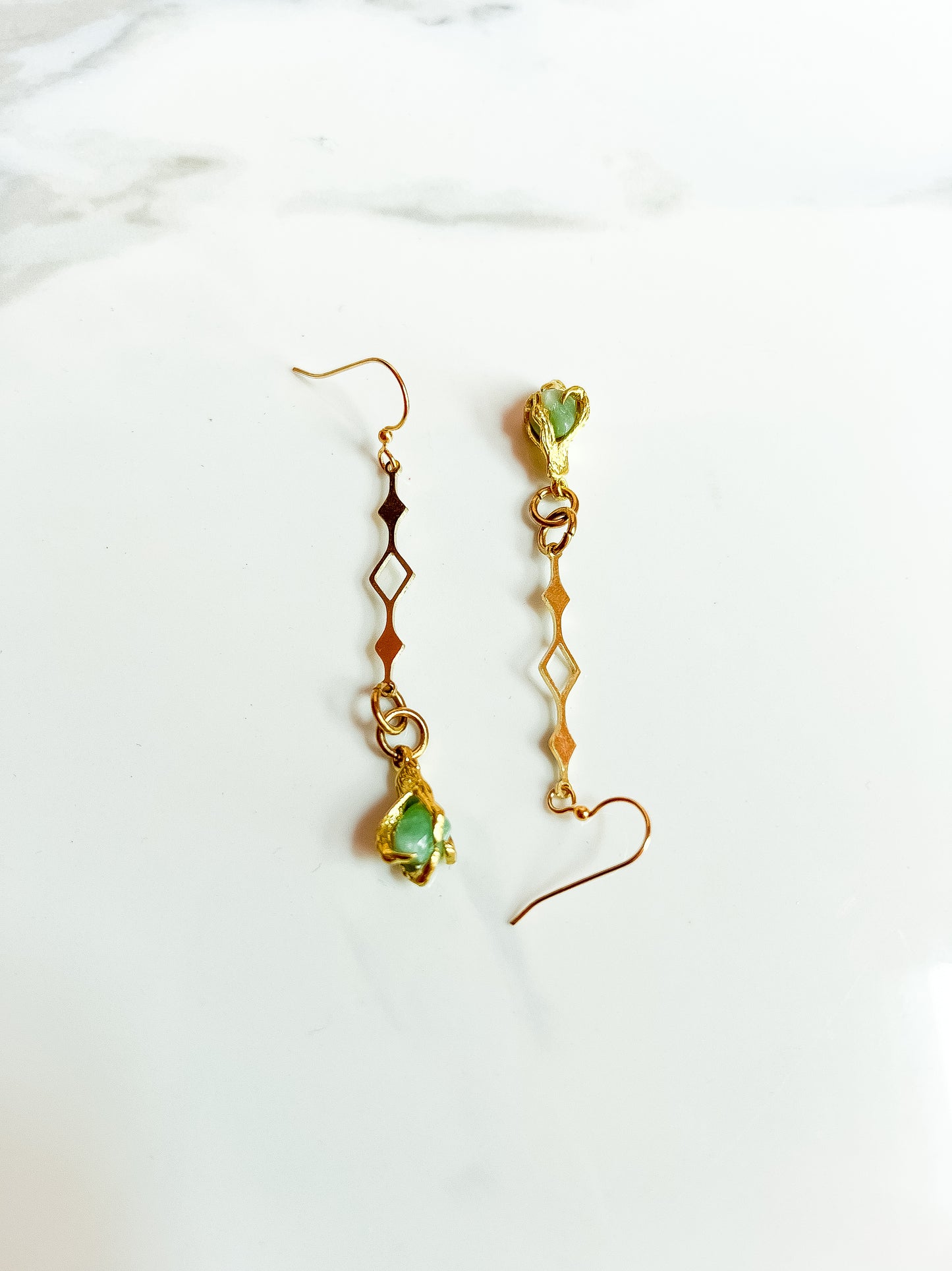 Brass Claw Clasped Green Aventurine Diamond Cutout Earrings