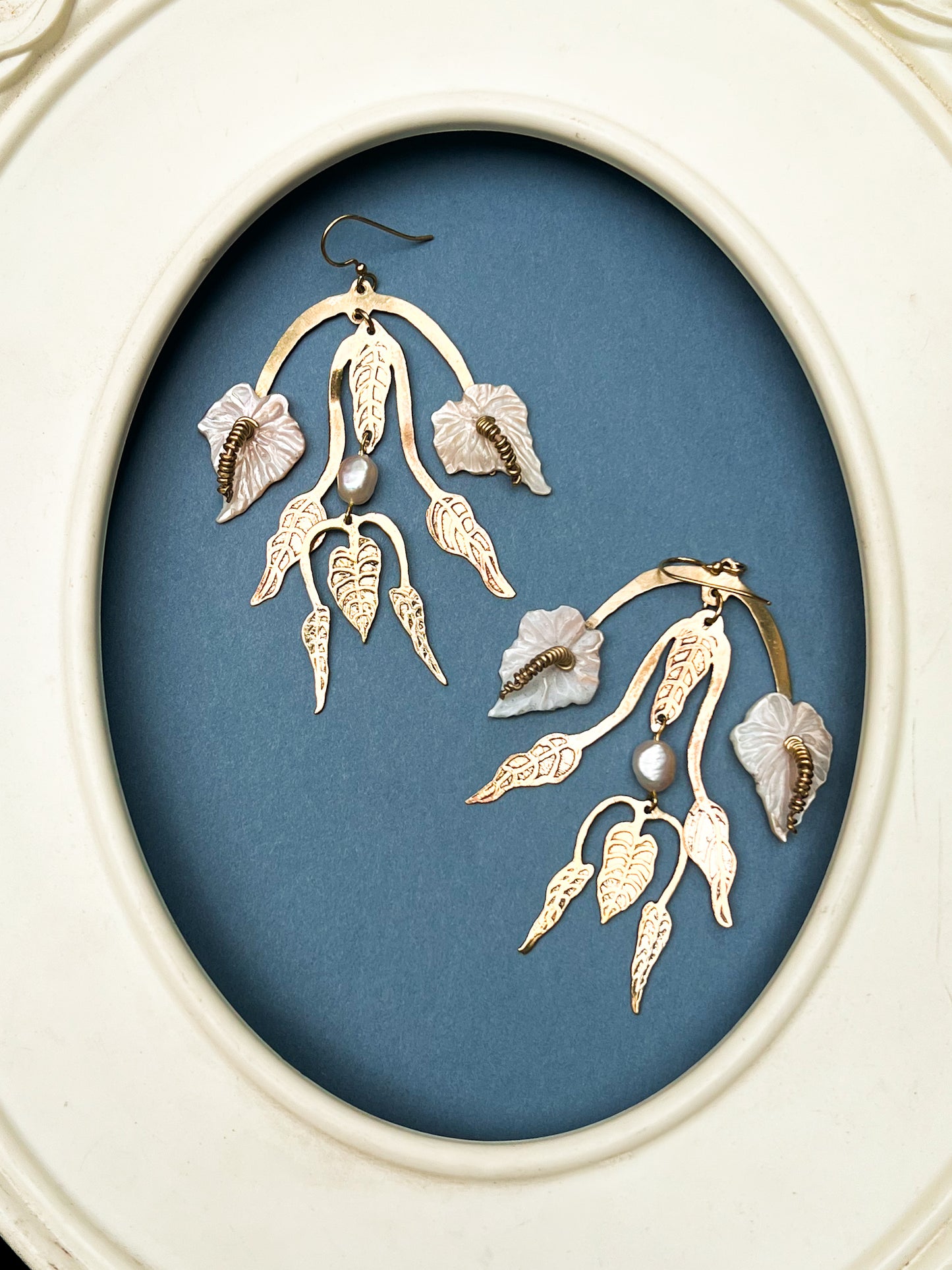 Etched Brass Anthurium Flower Earrings with Hand-Carved Mother of Pearl Flowers