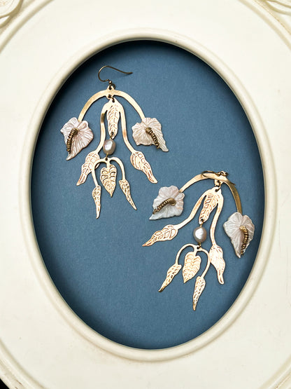 Etched Brass Anthurium Flower Earrings with Hand-Carved Mother of Pearl Flowers